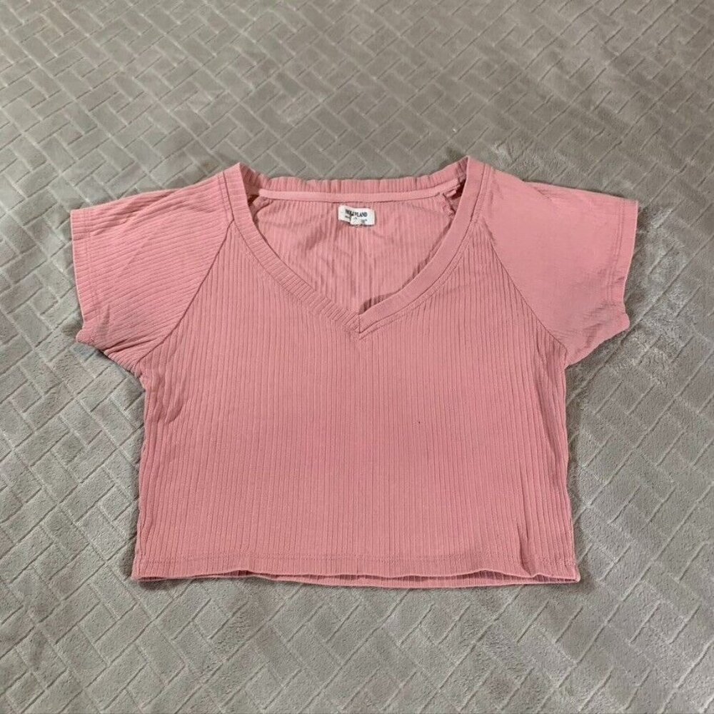 Hollyland Womesn Medium T Shirt Pink Cropped Short Sleeve V Neck Rib Kint